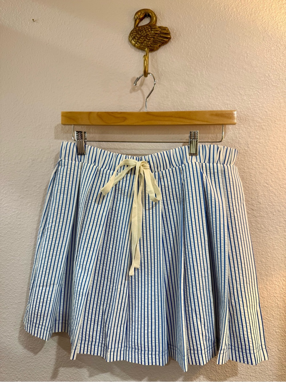ENTRO Pleated Blue and White Striped Drawstring Skirt